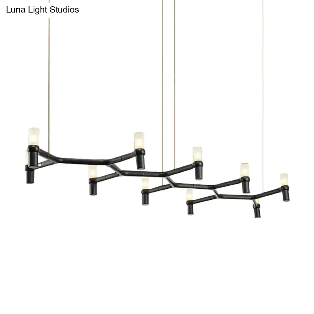 Black wrought iron ceiling pendant with six frosted glass candle-style bulbs and aluminum alloy shade
