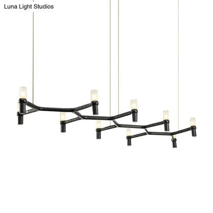 Black wrought iron ceiling pendant with six frosted glass candle-style bulbs and aluminum alloy shade