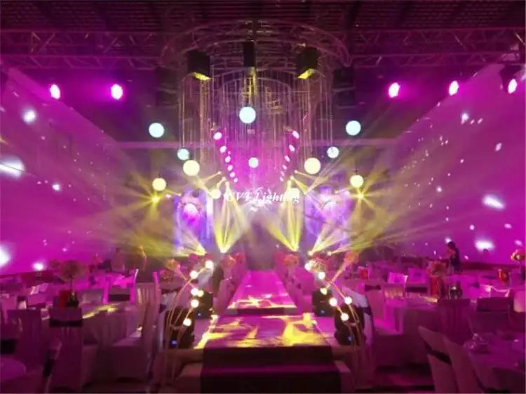 A modern white 150w gobo led moving head stage light with metallic frame and cascading spherical lights in purple and yellow lighting