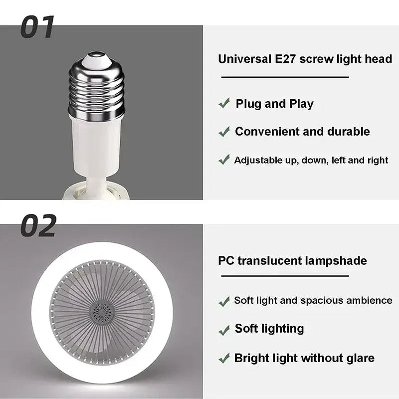 Modern white 2-in-1 ceiling fan with remote control featuring e27 screw light head and pc translucent radial fin lampshade
