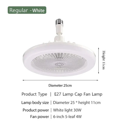 Modern white 2-in-1 ceiling fan with remote control featuring a circular e27 lamp cap design 25cm diameter and 11cm height