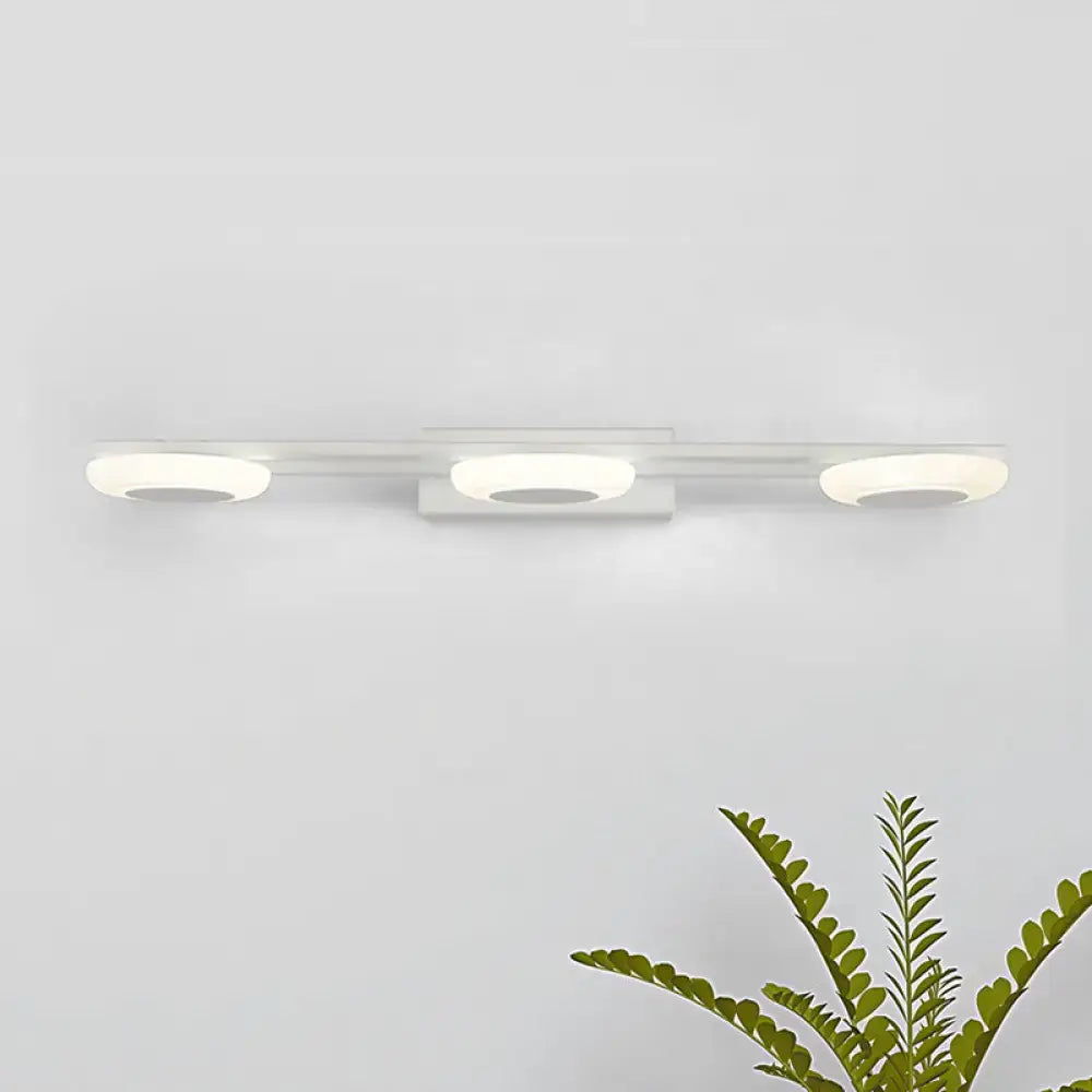 Modern white 3 light led vanity sconce wall mounted bathroom fixture with circular bulbs and adjustable color temperature