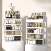 Modern white 4 tier makeup drawer organizer with clear drawers and curved handles for bedroom cosmetic storage