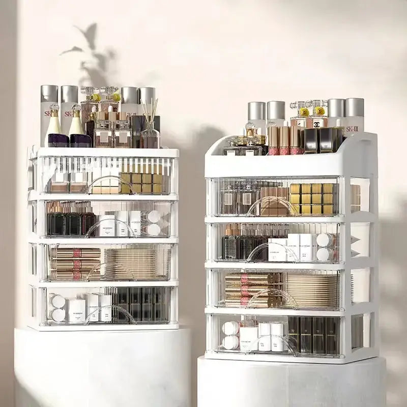 Modern white 4 tier makeup drawer organizer with clear drawers and curved handles for bedroom cosmetic storage
