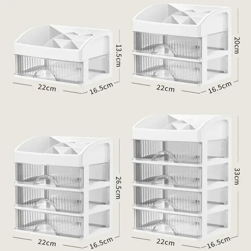 Modern white 4 tier plastic makeup drawer organizer with clear drawers and geometric top compartments for cosmetics storage
