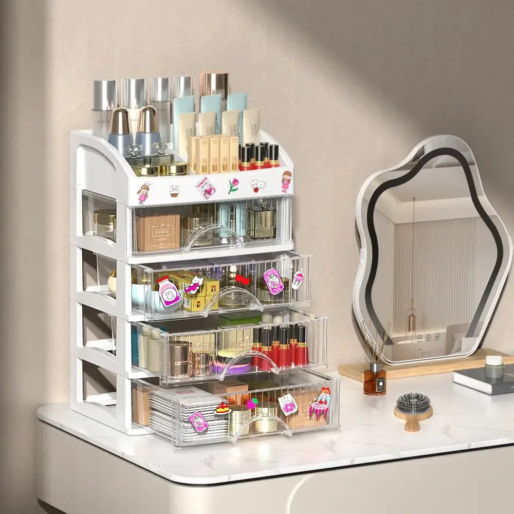 Modern white 4 tier acrylic makeup drawer organizer with clear drawers and decorative stickers for bedroom cosmetic storage