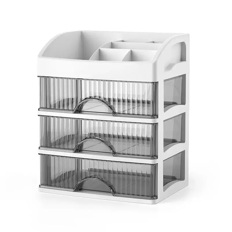 Modern white plastic tier makeup drawer organizer with three transparent drawers and top compartment for cosmetics storage