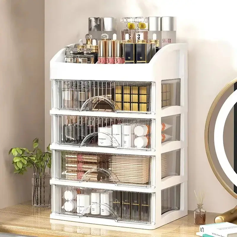Modern white 4 tier makeup drawer organizer with transparent drawers and curved handles for bedroom cosmetic storage