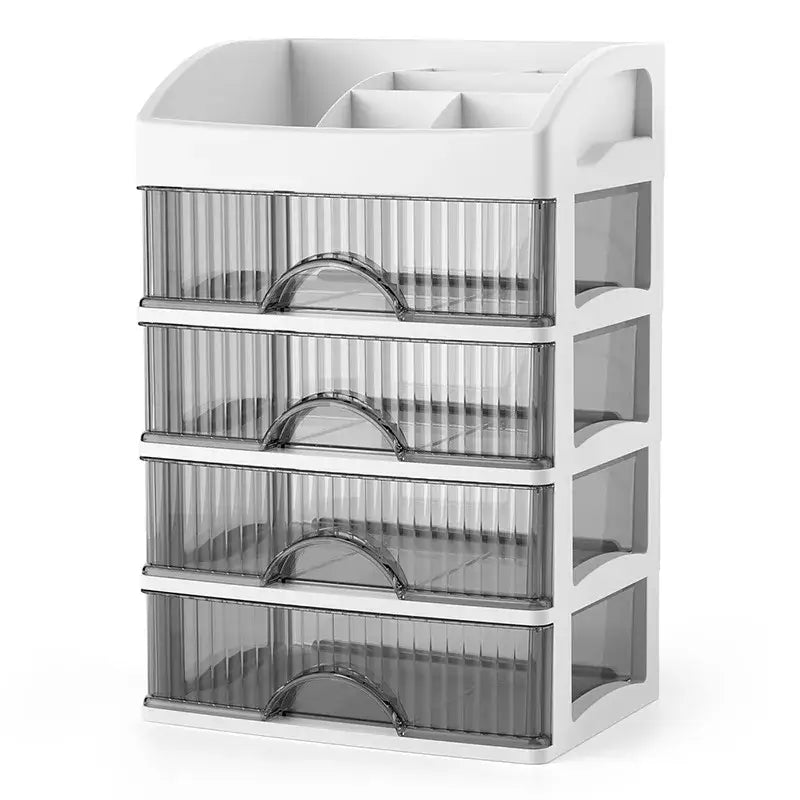 Modern white tier makeup drawer organizer with four translucent gray plastic drawers and arched handles for cosmetic storage