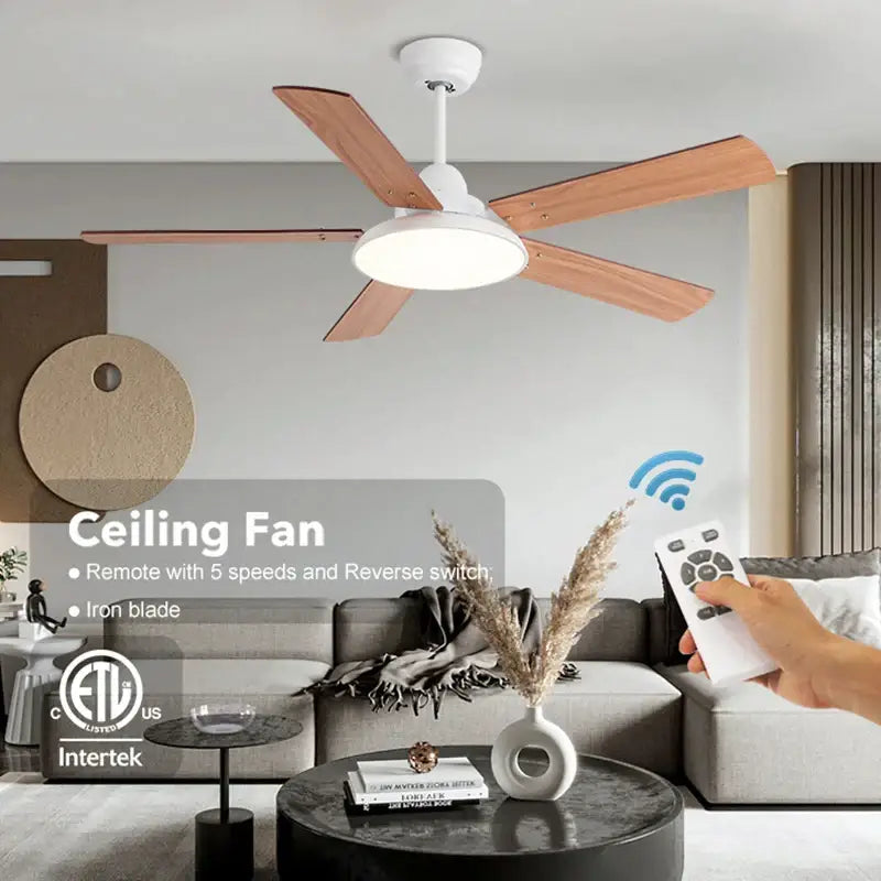 Modern white ceiling fan with five wooden blades and integrated led ceiling fan light for bedroom use with remote control