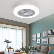 Modern white 52cm smart ceiling fan with remote control features circular silver-toned blades and white diffuser light