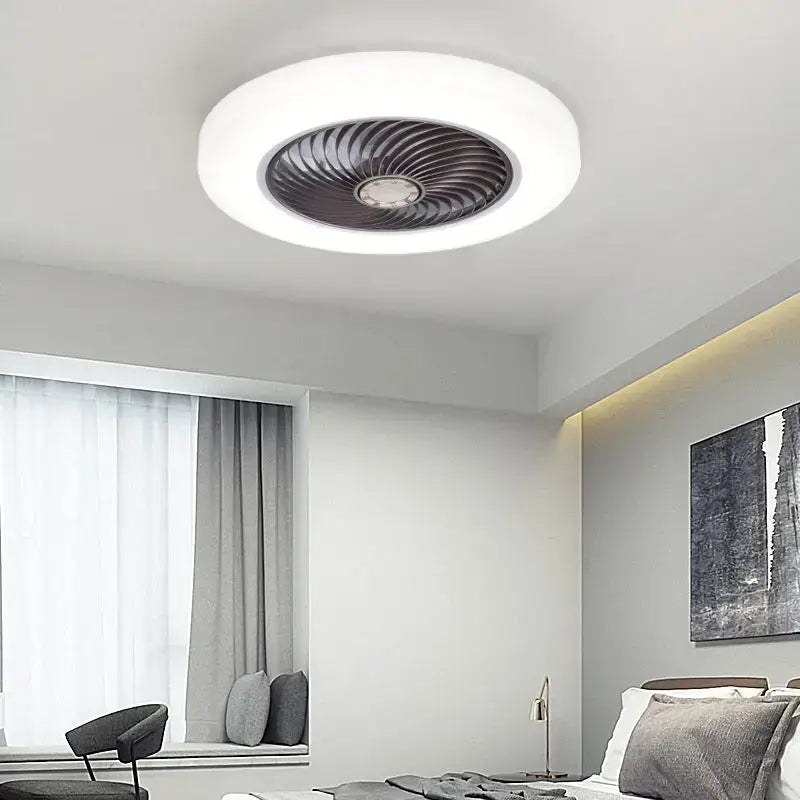 Modern white 52cm smart ceiling fan with remote control featuring a sleek circular design and dark metallic blades for indoor use