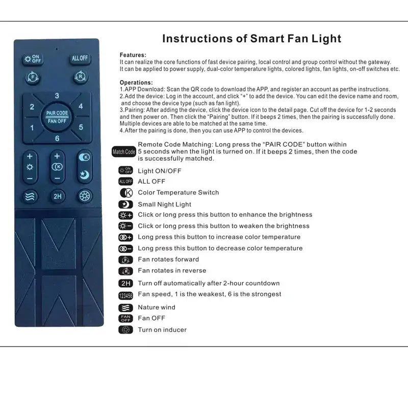 Dark blue remote control with textured surface and multiple buttons for modern white 52cm smart ceiling fan light