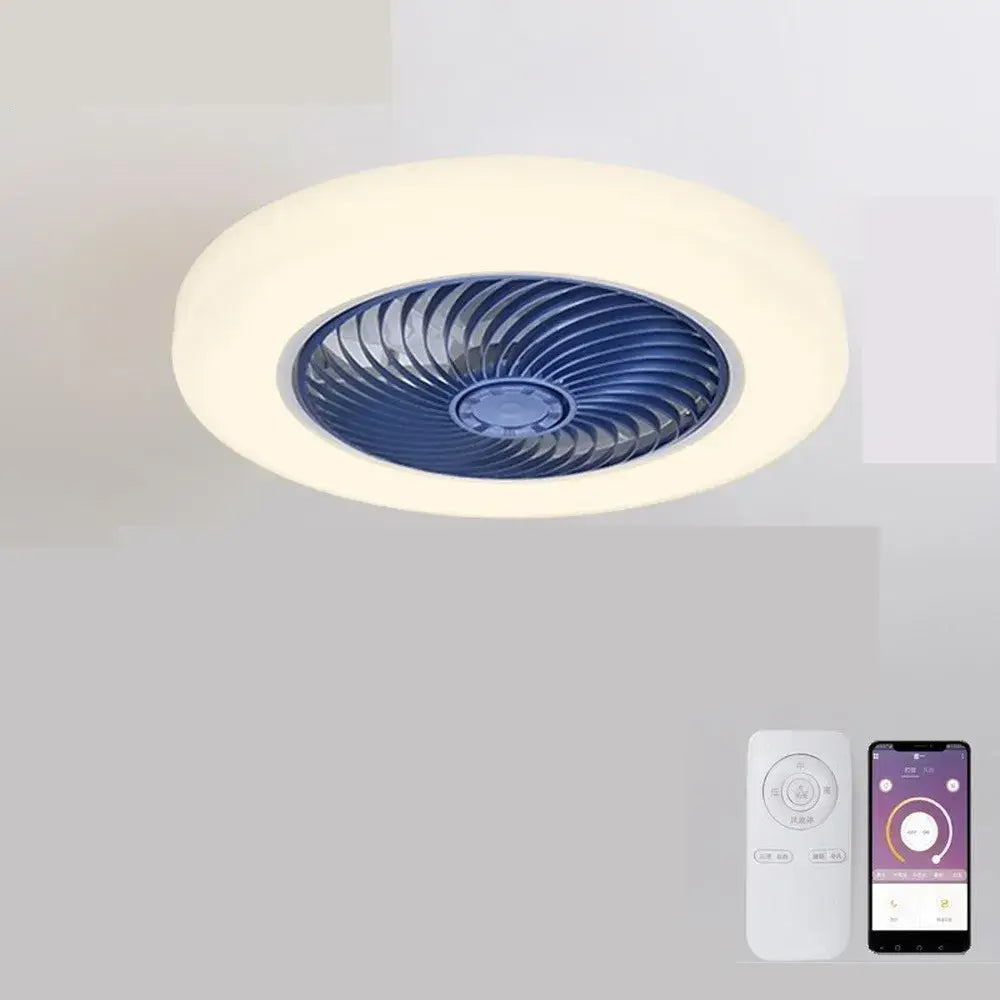 Modern white 52cm smart ceiling fan with remote control featuring a circular light and dark blue central fan housing