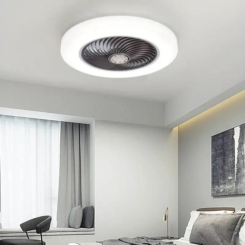 Modern white 52cm smart ceiling fan with remote control featuring a circular design, dark metallic blades, and integrated lighting