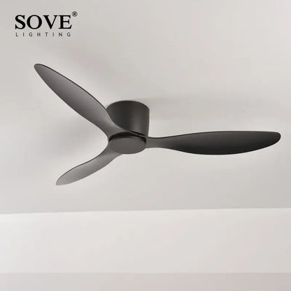 Modern white ceiling fan with black matte lighting and sleek blades featuring 6-speed dc motor remote control