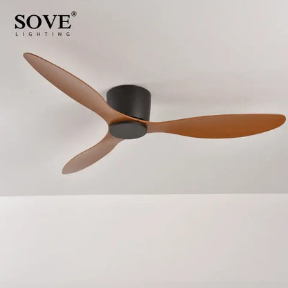 Modern white ceiling fan with sove matte brown wooden blades black motor housing 6-speed dc motor remote control