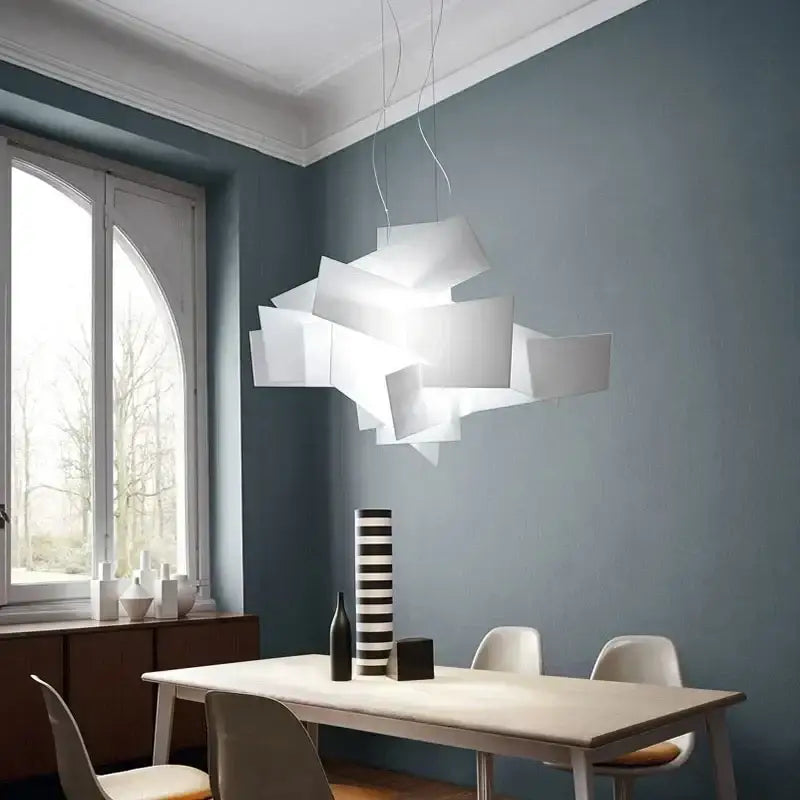 Modern white abstract led pendant lamp with layered angular panels suspended by cords for living room decorbites big bang led