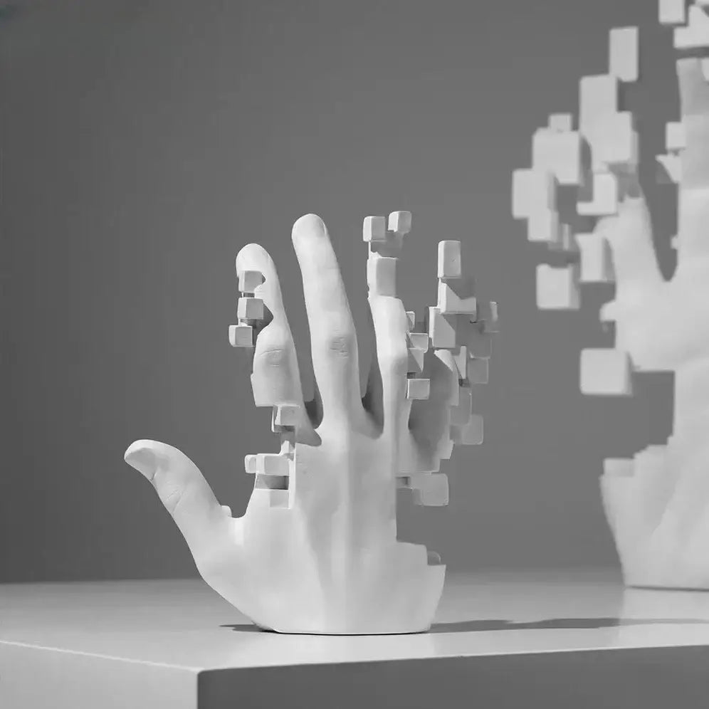 Modern white abstract resin mosaic sculpture hand decor with pixelated blocky fingers for office display