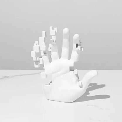 Modern white abstract resin mosaic sculpture featuring a hand with geometric blocky extensions for office decorbites decor
