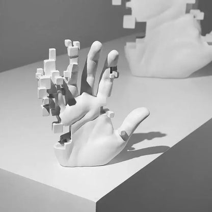 Modern white abstract resin mosaic sculpture of a hand with pixelated fingers for office decorbites decor