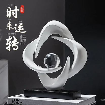 Modern white abstract resin sculpture with flowing curves and a glass sphere on black base for living room decorbites abstract resin decor