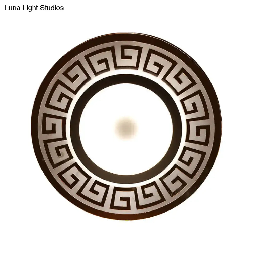 Modern white acrylic cloud led table lamp with circular ceiling light and dark brown metallic silver greek key pattern border