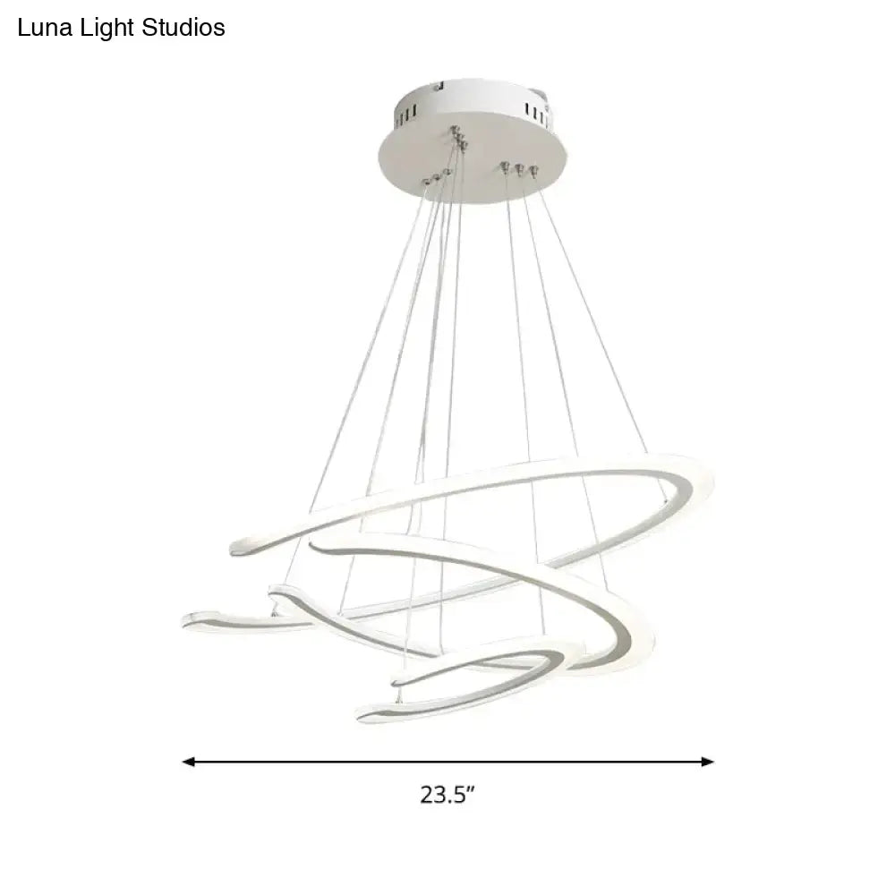 Modern white acrylic led Dining room chandelier with three interlocking spiral rings by DecorBites™ for ring dining rooms