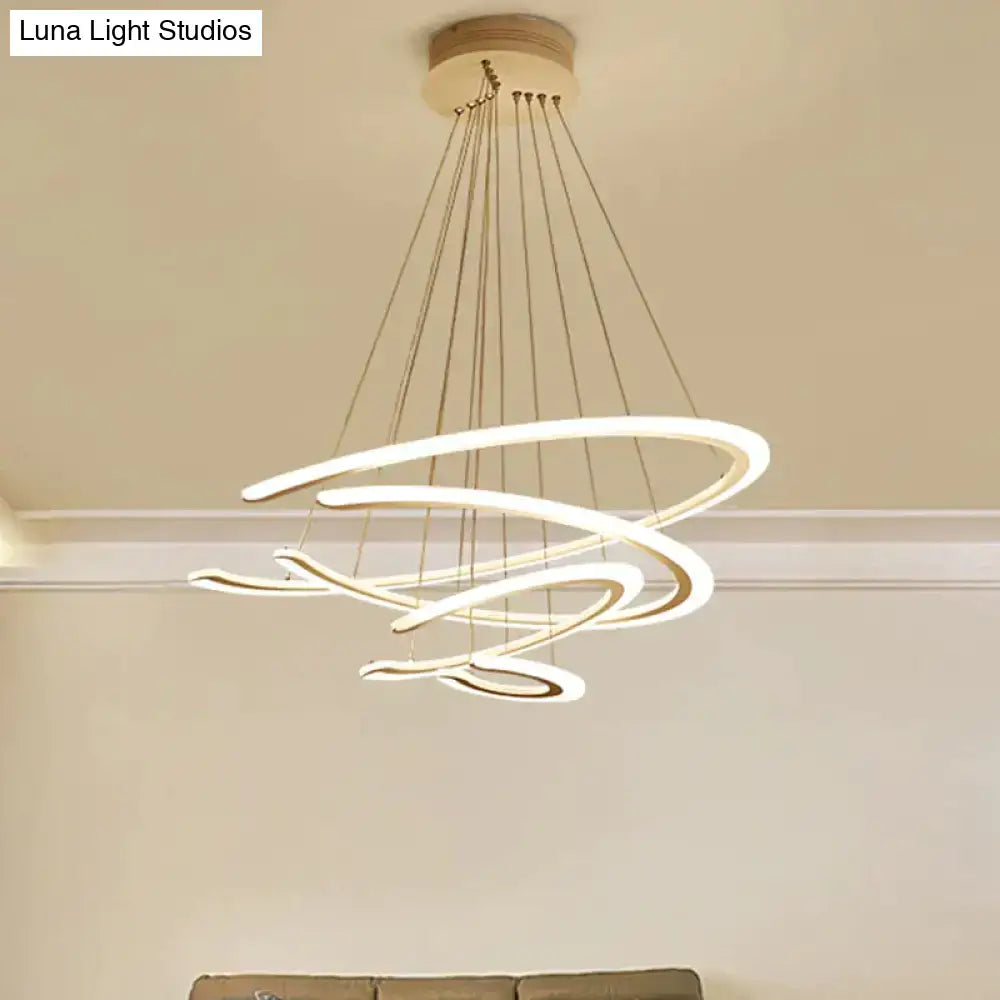 Modern DecorBites™ C ring dining room chandelier with acrylic LED glowing white rings and wooden ceiling mount
