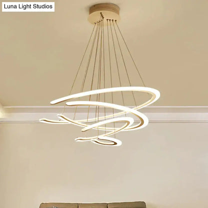 Modern DecorBites™ C ring dining room chandelier with acrylic LED glowing white rings and wooden ceiling mount