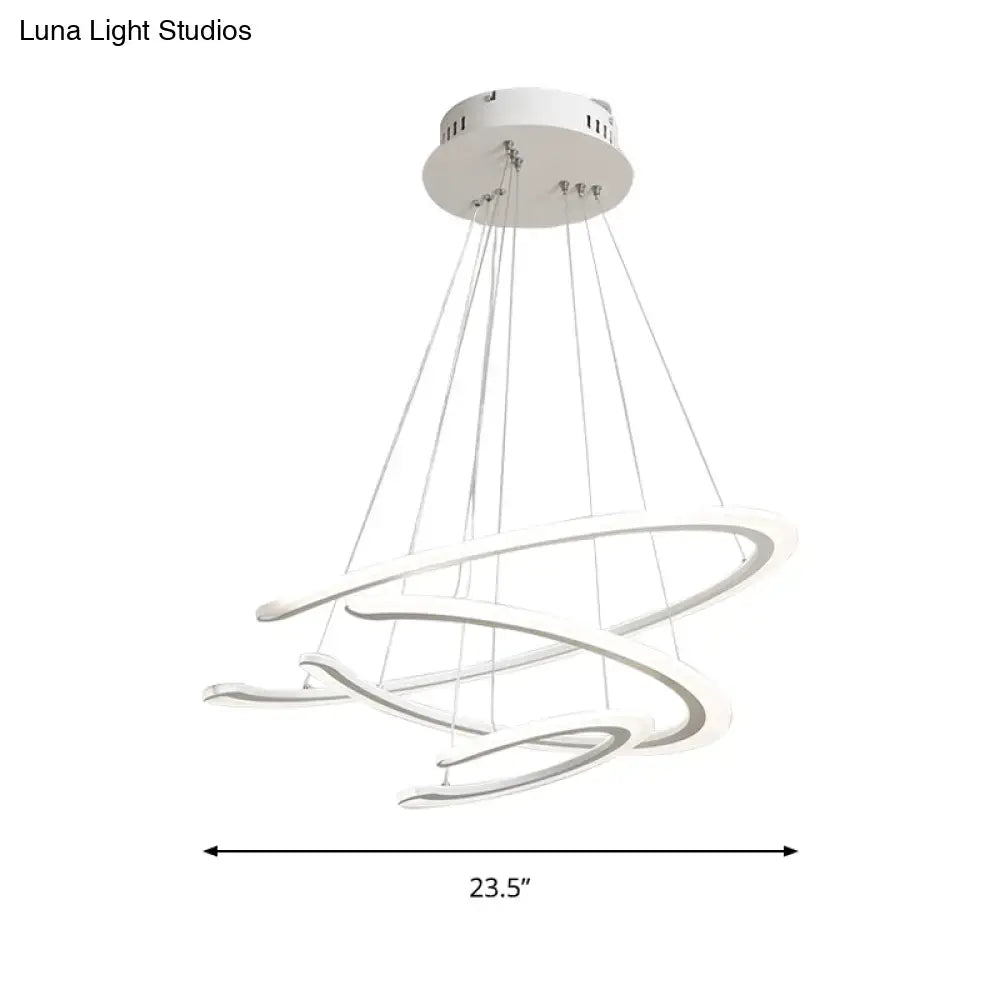 Modern white acrylic led dining room chandelier with three interlocking spiral rings for ring dining spaces