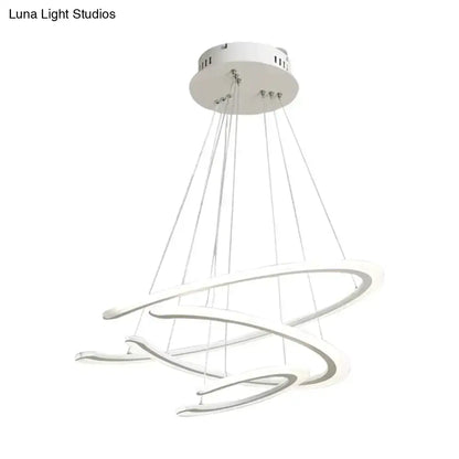 Modern white acrylic led DecorBites™ C ring dining room chandelier with three interlocking rings in warm white light