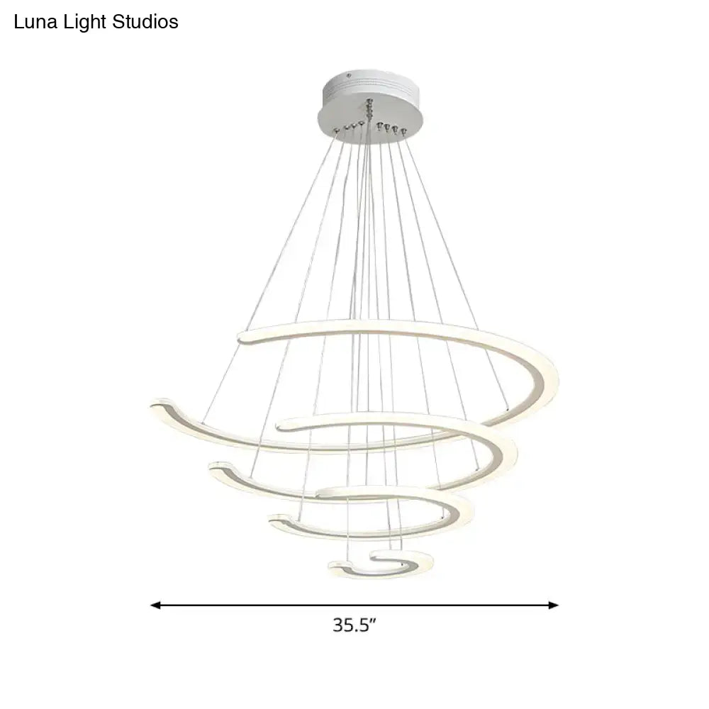 Modern white acrylic ring dining room chandelier with spiral concentric rings and led warm white light suspension