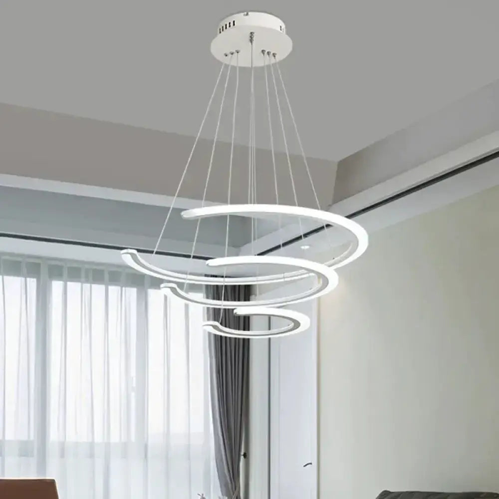 Modern white acrylic led DecorBites™ C ring dining room chandelier with three concentric spiraling rings pendant light