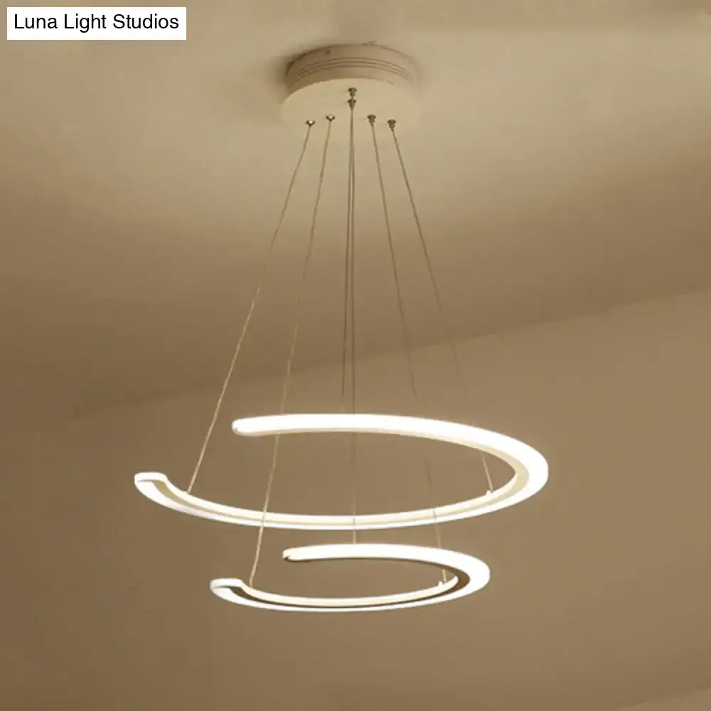 Modern white acrylic LED DecorBites™ C ring dining room chandelier with two curved concentric rings and warm light