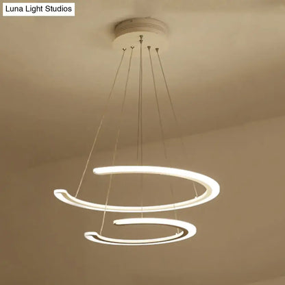 Modern white acrylic LED DecorBites™ C ring dining room chandelier with two curved concentric rings and warm light