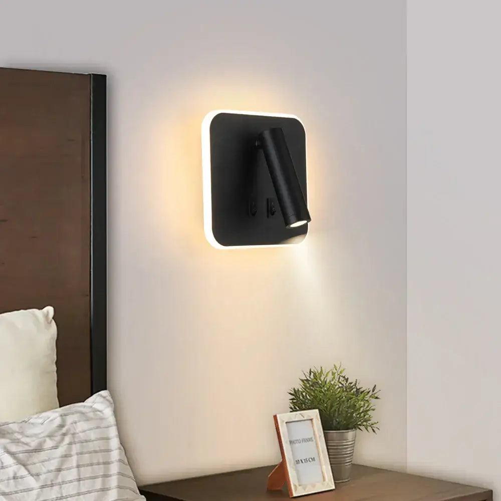 Black square modern adjustable 10w wall light sconce with integrated led casting warm glow for bedroom reading lamp