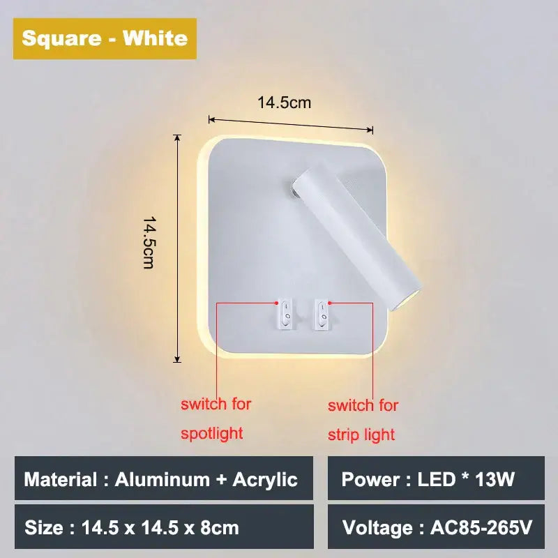 Modern white adjustable 10w wall light sconce with aluminum and acrylic design and adjustable spotlight arm for reading