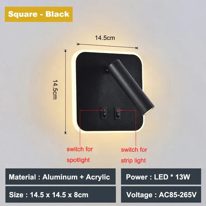 Modern white adjustable 10w wall light sconce with black aluminum and acrylic design featuring led strip and spotlight