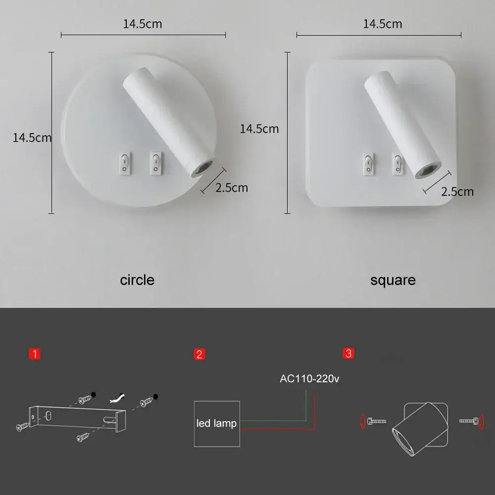 Modern white adjustable 10w wall light sconce with circular and square led heads and two toggle switches for reading lamp decorbites