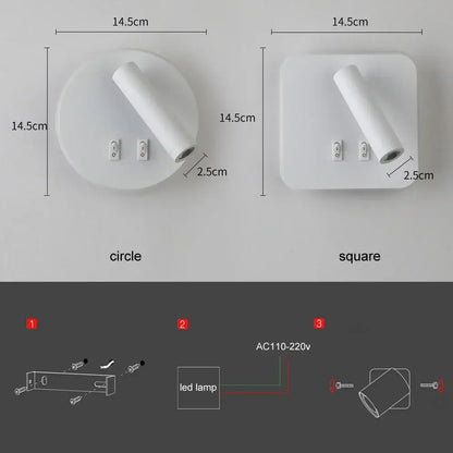 Modern white adjustable 10w wall light sconce with circular and square led heads and two toggle switches for reading lamp decorbites
