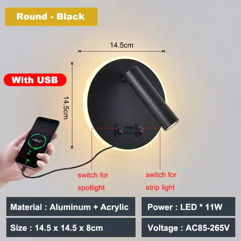 Black round decorbites adjustable 10w wall light sconce with cylindrical spotlight and integrated usb charging port