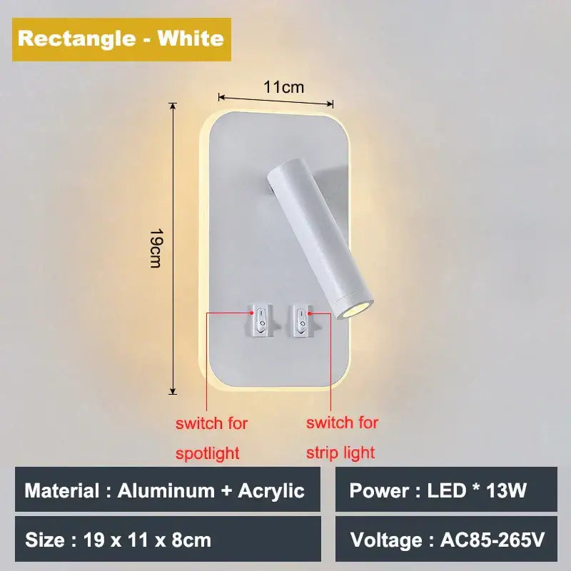 Modern white adjustable 10w wall light sconce made of aluminum and acrylic with spotlight and strip light for reading