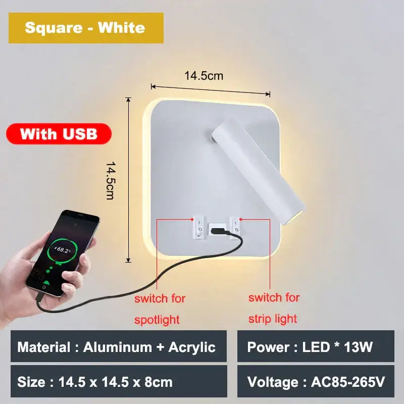 Modern white adjustable 10w wall light sconce with sleek aluminum acrylic design and integrated usb port for charging devices