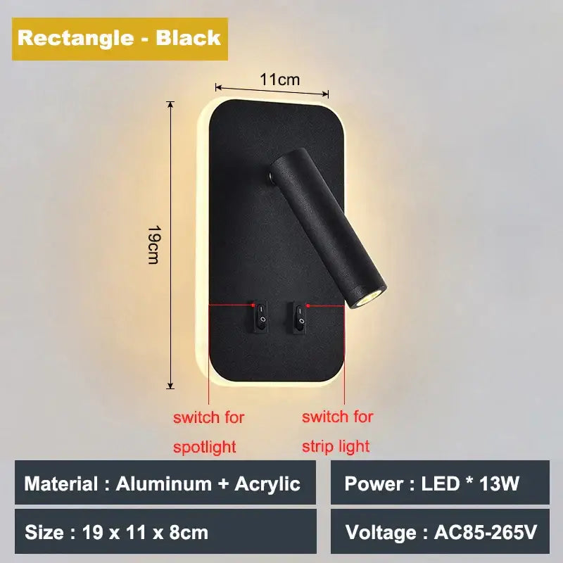 Black rectangular aluminum adjustable 10w wall light sconce with cylindrical spotlight and strip light for bedroom reading