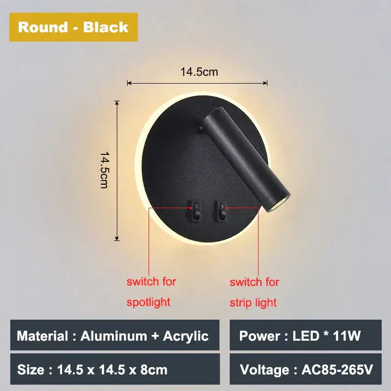 Black round decorbites adjustable 10w wall light sconce with aluminum spotlight and acrylic strip for bedroom reading lamp