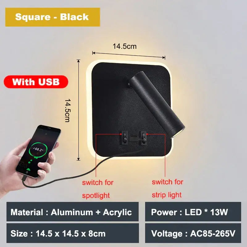 Black square wall-mounted decorbites adjustable 10w led light with cylindrical spotlight and usb charging port for bedroom reading