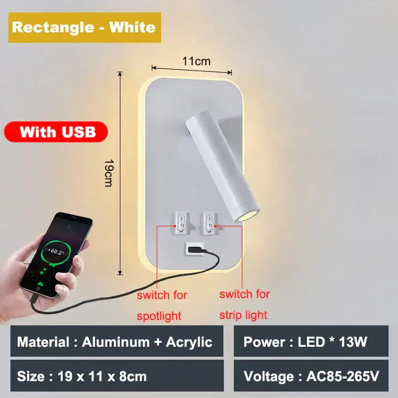 Modern white adjustable 10w wall light sconce with rotating spotlight usb port made of aluminum and acrylic for bedroom reading