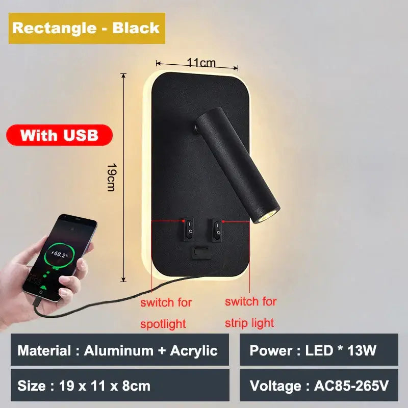 Black rectangular decorbites adjustable 10w wall light fixture with spotlight and strip lighting made of aluminum and acrylic