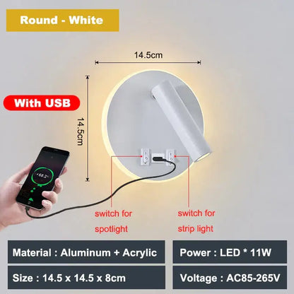 Modern white adjustable 10w wall light sconce with usb charging port made of aluminum and acrylic for bedroom reading